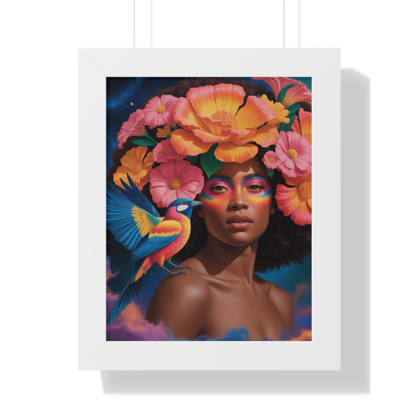 Vertical Floral Framed Poster, beautiful flowers attracting birds