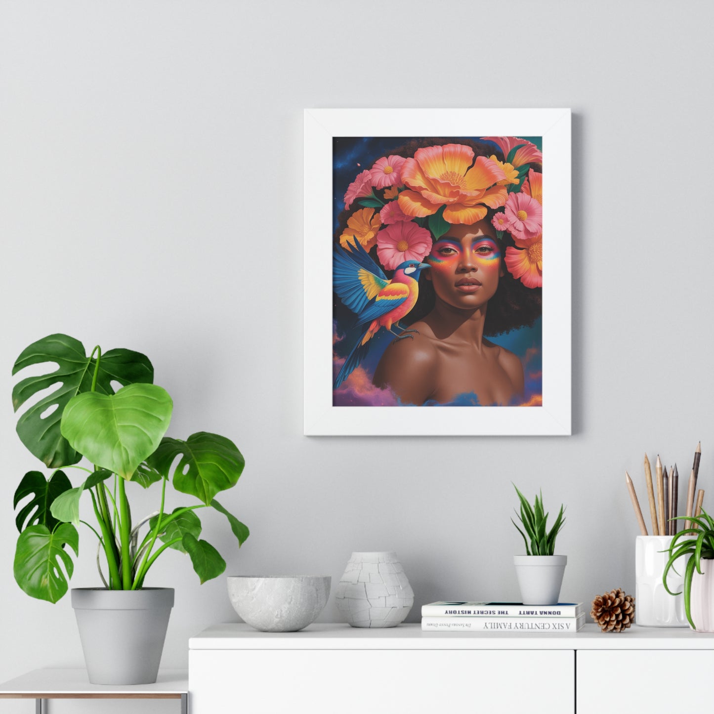 Vertical Floral Framed Poster, beautiful flowers attracting birds