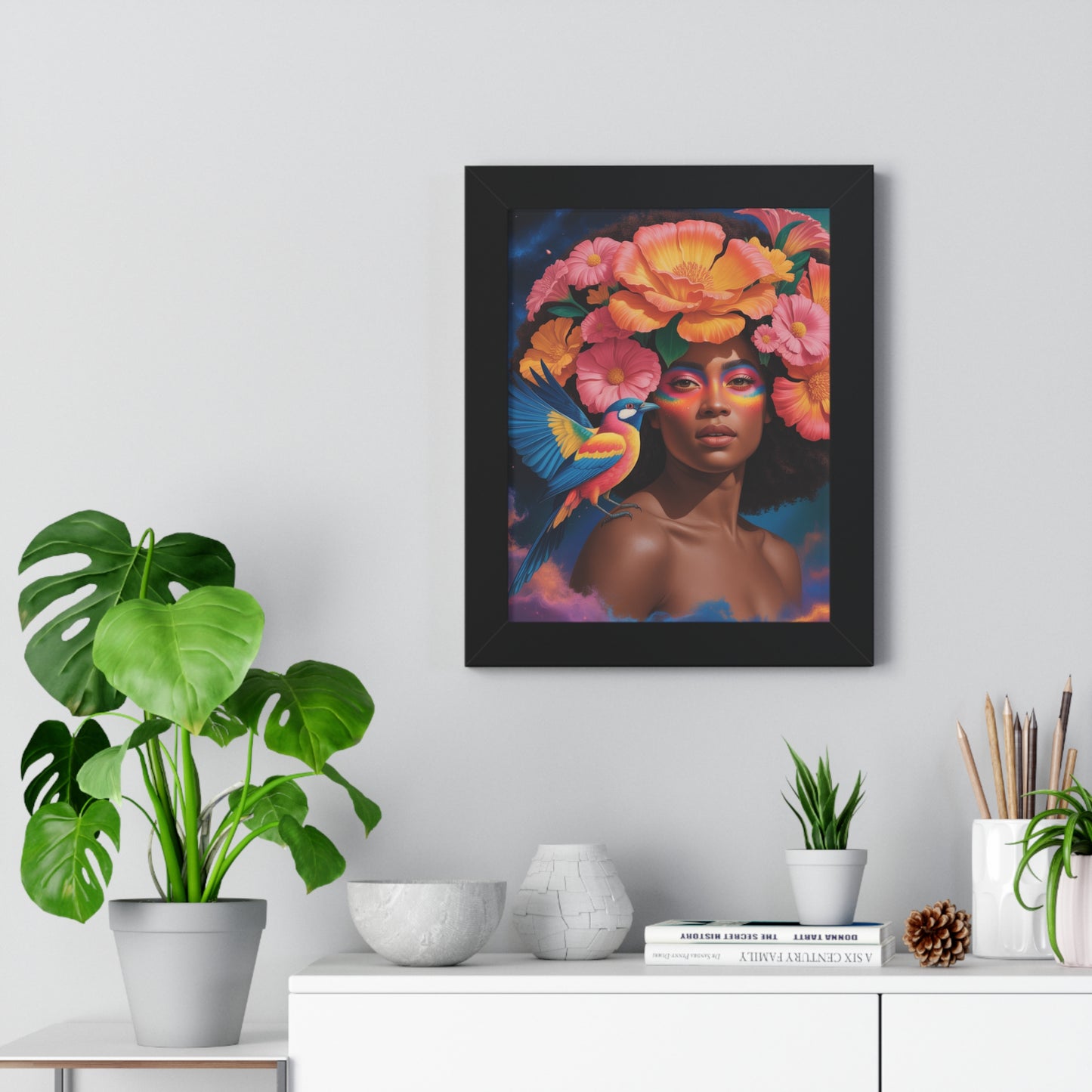 Vertical Floral Framed Poster, beautiful flowers attracting birds