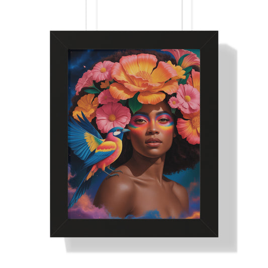 Vertical Floral Framed Poster, beautiful flowers attracting birds