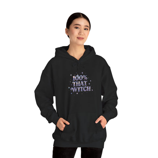 100% That Witch Unisex Hooded Sweatshirt, Cozy Fall Hoodie, Witchy Apparel, Halloween Gift, Spooky Season Clothing